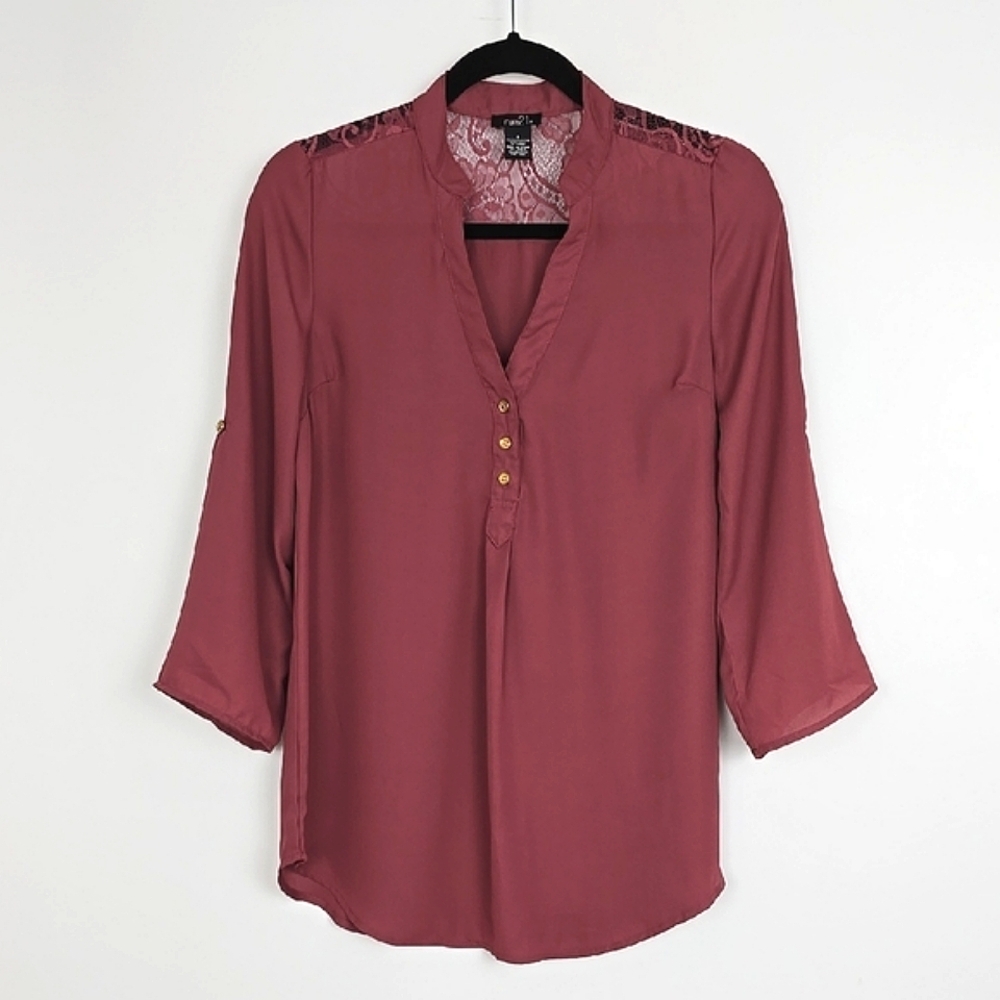 Rue21 Women's Dusty Rose Pullover Blouse Lace Back Roll Up Sleeves Size Small